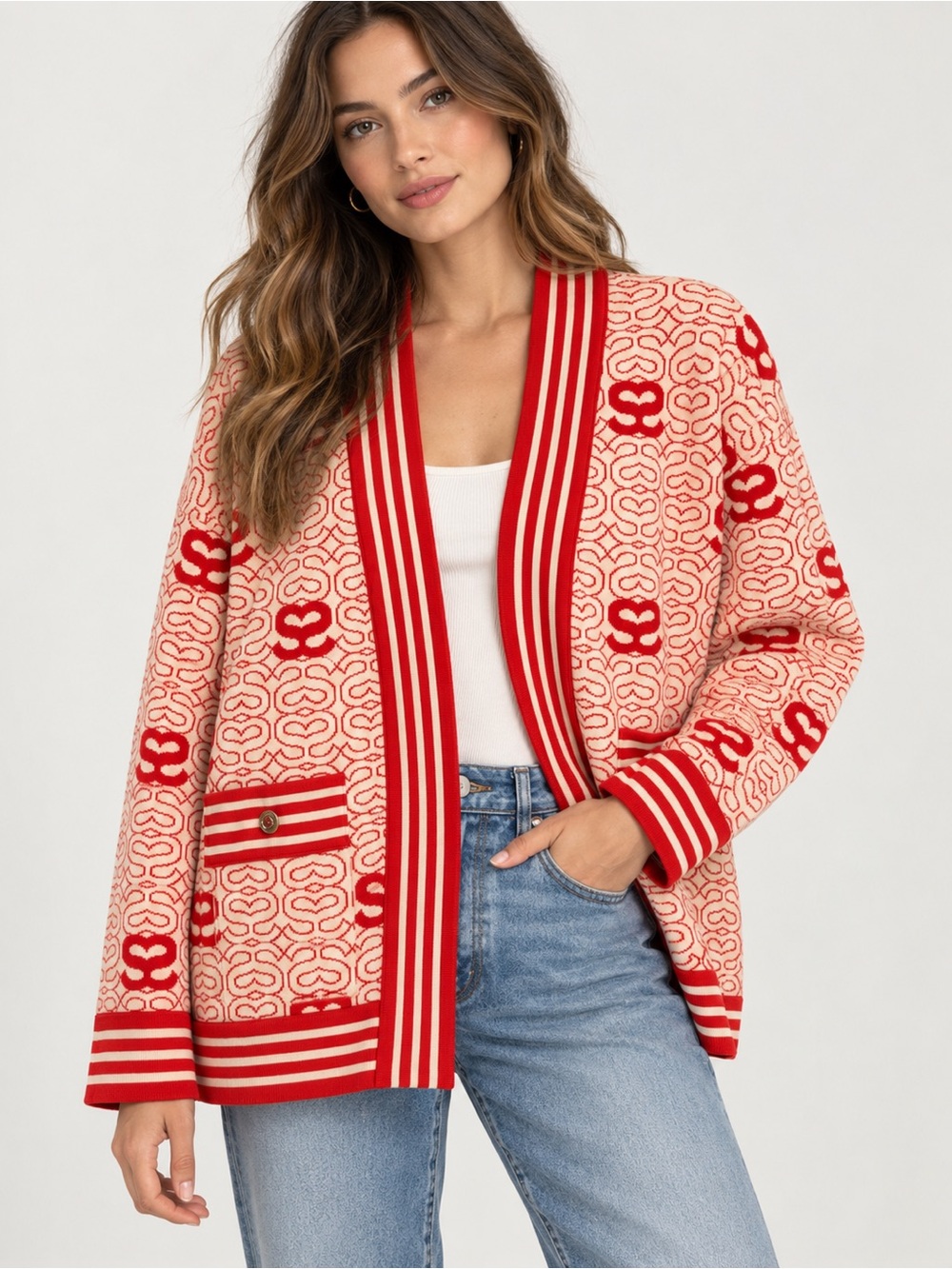 SANDRO Ezekiel Reversible Jacquard Cardigan Red & Cream Size 1